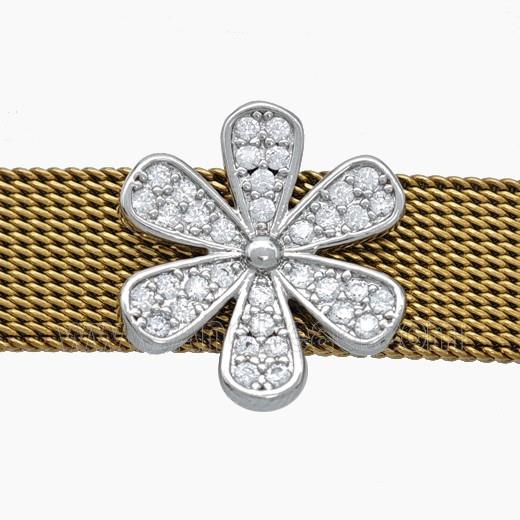 Copper Watchband Beads Pave Zirconia Daisy Flower Flat Hole Platinum Plated