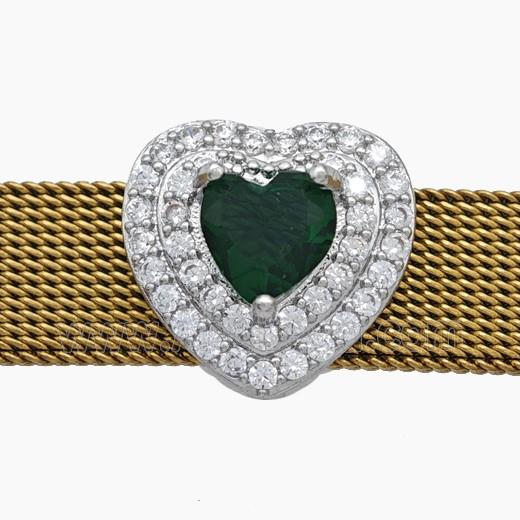 Copper Watchband Beads Pave Zirconia Heart Flat Hole Platinum Plated