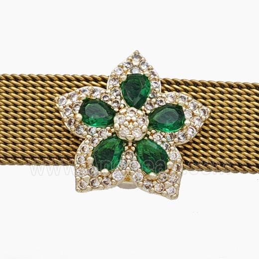 Copper Watchband Beads Pave Zirconia Flower Flat Hole Gold Plated