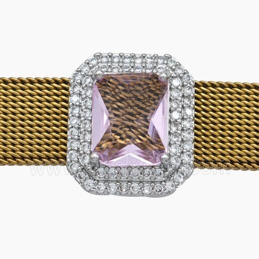 Copper Watchband Beads Pave Zirconia Crystal Glass Rectangle Flat Hole Platinum Plated