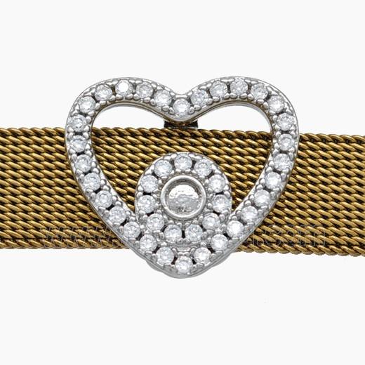 Copper Watchband Beads Pave Zirconia Heart Flat Hole Platinum Plated