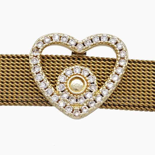 Copper Watchband Beads Pave Zirconia Heart Flat Hole Gold Plated