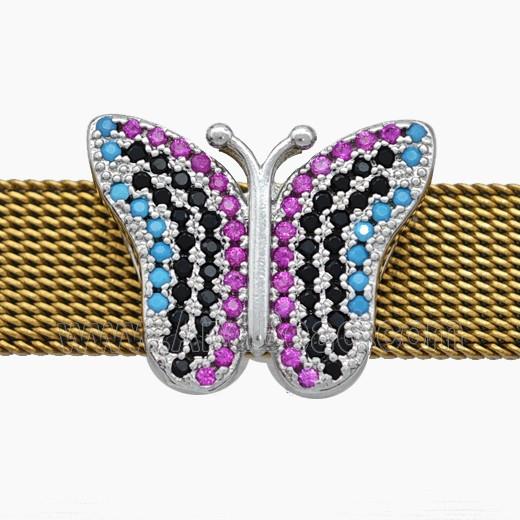 Copper Watchband Beads Pave Zirconia Butterfly Flat Hole Platinum Plated