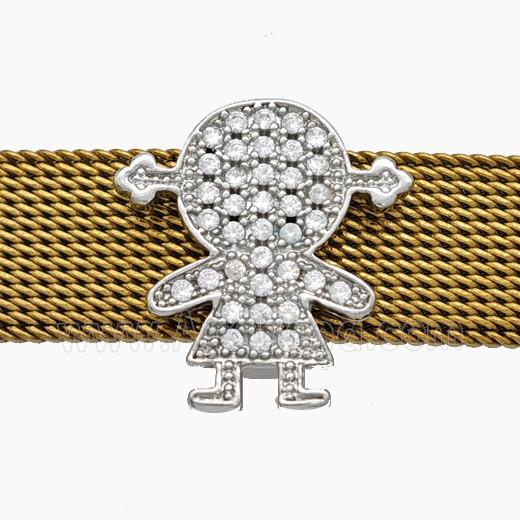 Copper Watchband Beads Pave Zirconia Kids Girl Flat Hole Platinum Plated