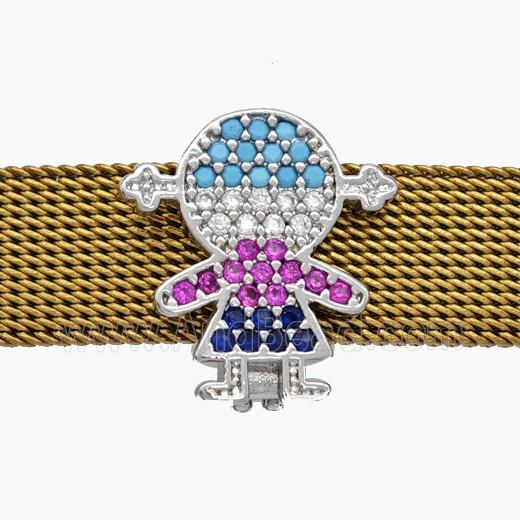 Copper Watchband Beads Pave Zirconia Kids Girl Flat Hole Platinum Plated