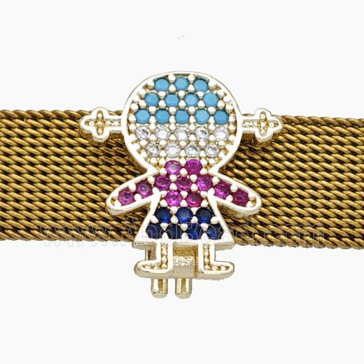 Copper Watchband Beads Pave Zirconia Kids Girl Flat Hole Gold Plated