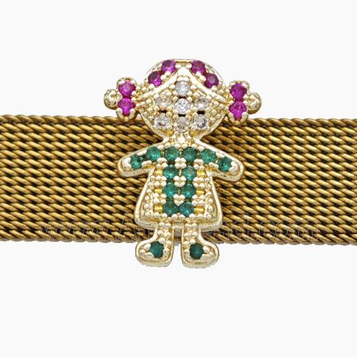 Copper Watchband Beads Pave Zirconia Kids Girl Flat Hole Gold Plated