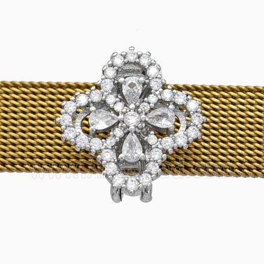 Copper Watchband Beads Pave Zirconia Clover Flat Hole Platinum Plated