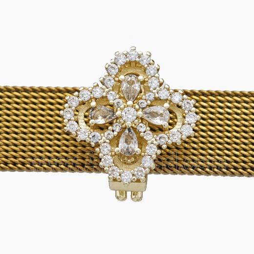 Copper Watchband Beads Pave Zirconia Clover Flat Hole Gold Plated