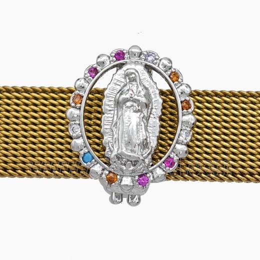 Copper Watchband Beads Pave Zirconia Virgin Mary Flat Hole Platinum Plated