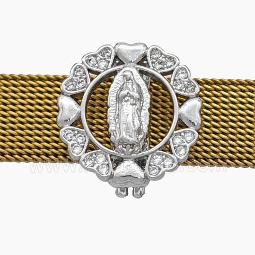 Copper Watchband Beads Pave Zirconia Virgin Mary Flat Hole Platinum Plated
