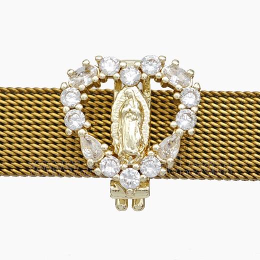 Copper Watchband Beads Pave Zirconia Virgin Mary Flat Hole Gold Plated
