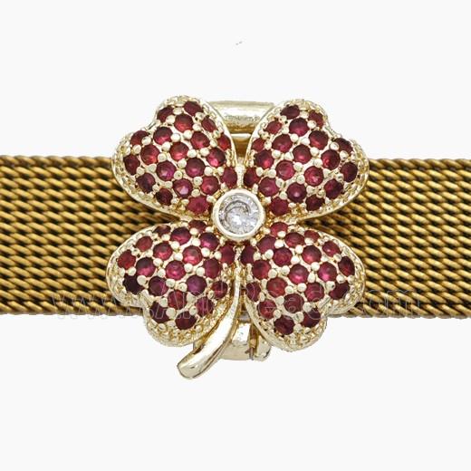 Copper Watchband Beads Pave Zirconia Clover Flat Hole Gold Plated