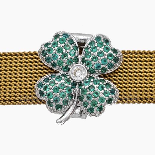 Copper Watchband Beads Pave Zirconia Clover Flat Hole Platinum Plated