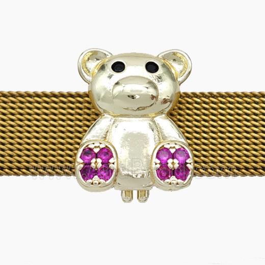 Copper Watchband Beads Pave Zirconia Bear Flat Hole Gold Plated