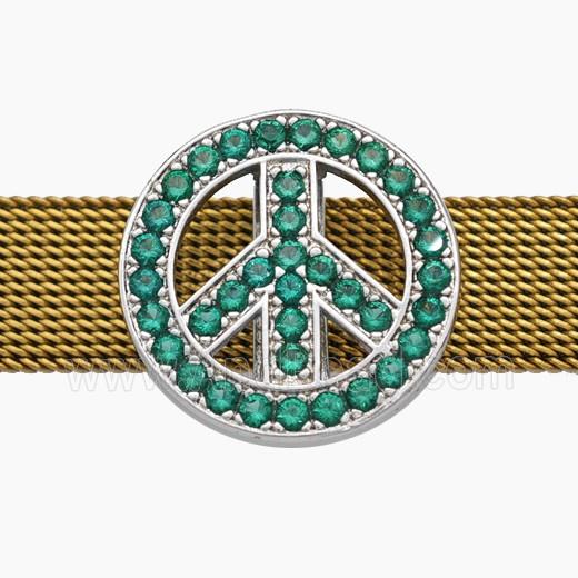 Copper Watchband Beads Pave Zirconia Peace Sign Flat Hole Platinum Plated