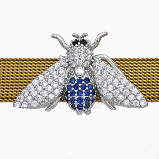 Copper Watchband Beads Pave Zirconia Honeybee Flat Hole Platinum Plated