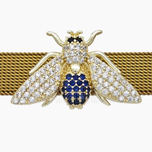 Copper Watchband Beads Pave Zirconia Honeybee Flat Hole Gold Plated