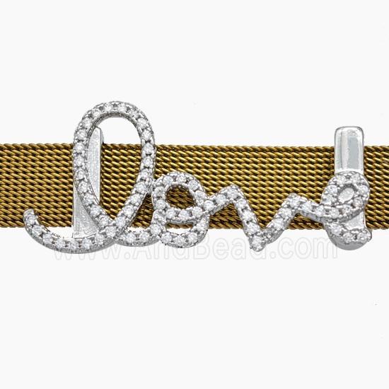 Copper Watchband Beads Pave Zirconia Love Flat Hole Platinum Plated