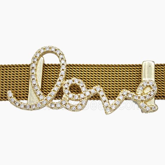 Copper Watchband Beads Pave Zirconia Love Flat Hole Gold Plated