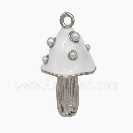 Copper Mushroom Pendant Pave Pearlize Resin White Enamel Platinum Plated