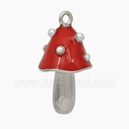 Copper Mushroom Pendant Pave Pearlize Resin Red Enamel Platinum Plated