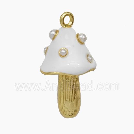Copper Mushroom Pendant Pave Pearlize Resin White Enamel Gold Plated
