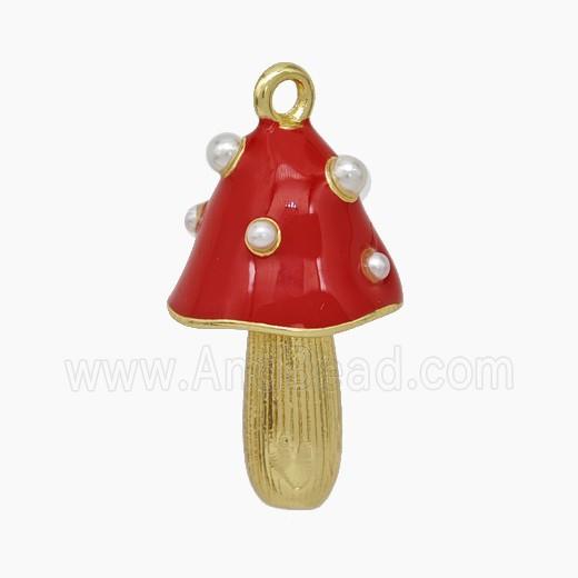 Copper Mushroom Pendant Pave Pearlize Resin Red Enamel Gold Plated