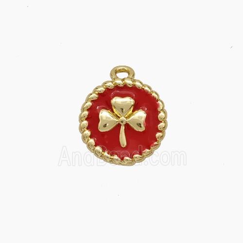 Copper Circle Pendant Red Enamel Clover Gold Plated