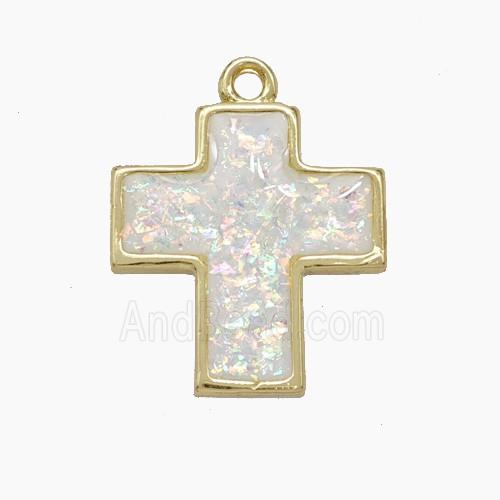 Copper Cross Pendant Pave White FireOpal Gold Plated