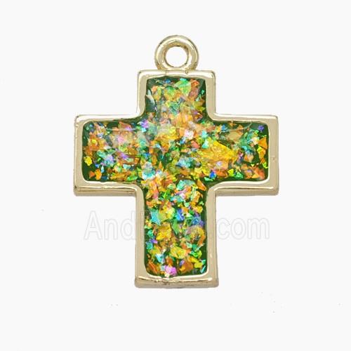 Copper Cross Pendant Pave Green FireOpal Gold Plated