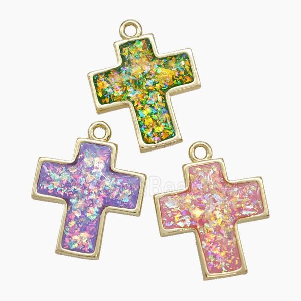 Copper Cross Pendant Pave FireOpal Gold Plated Mixed