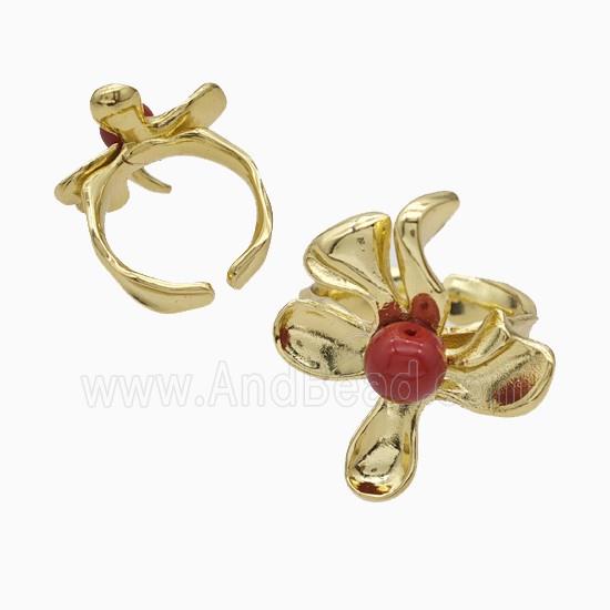 Copper Flower Rings Pave Pearlized Resin Red Gold Plated