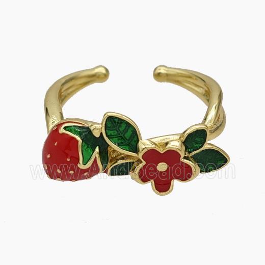 Copper Strawberry Rings Flower Red Enamel Gold Plated