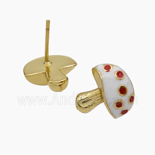 Copper Mushroom Stud Earrings White Enamel Gold Plated