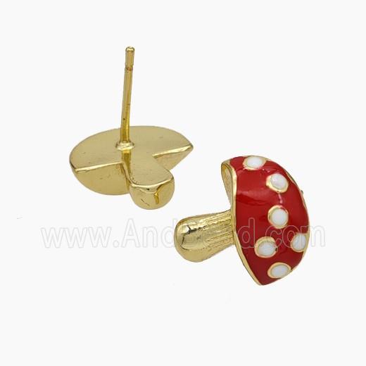 Copper Mushroom Stud Earrings Red Enamel Gold Plated