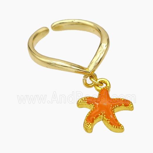 Copper Starfish Rings Orange Enamel Gold Plated
