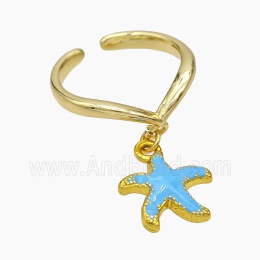 Copper Starfish Rings Blue Enamel Gold Plated