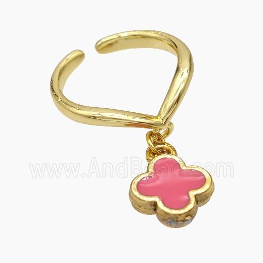 Copper Clover Rings Pink Enamel Gold Plated