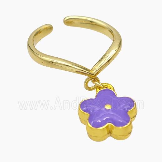 Copper Flower Rings Lavender Enamel Gold Plated