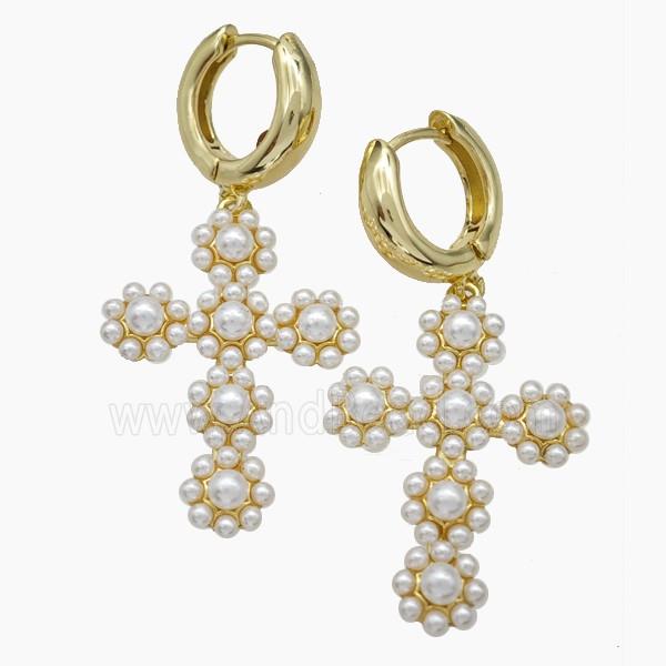Copper Cross Hoop Earrings Pave Pearlized Resin Gold Plated
