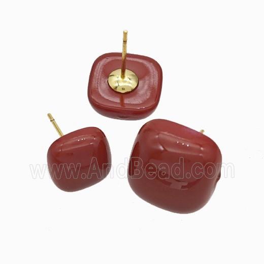 Copper Button Stud Earrings Red Enamel Gold Plated
