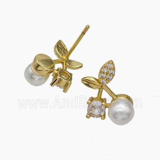 Copper Cherry Stud Earrings Pave Zirconia Pearlized Resin Gold Plated