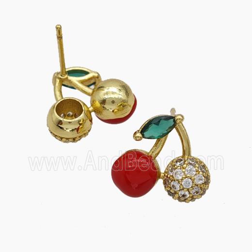 Copper Cherry Stud Earrings Pave Zirconia Red Enamel Gold Plated
