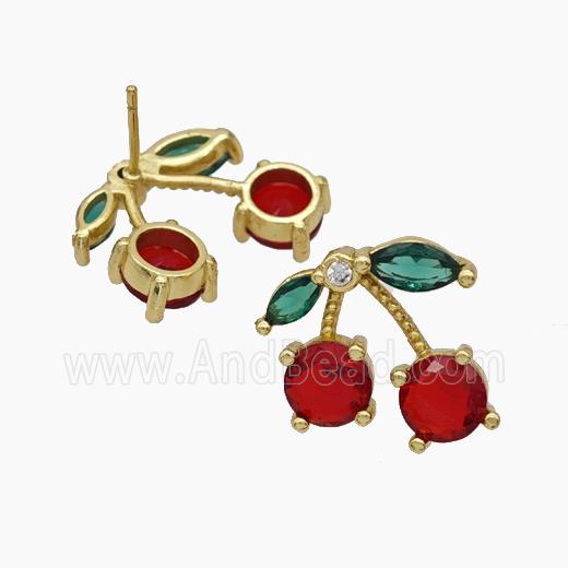 Copper Cherry Stud Earrings Pave Zirconia Gold Plated
