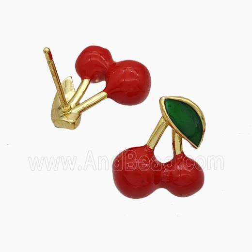 Copper Cherry Stud Earrings Red Enamel Gold Plated