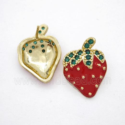 Copper Strawberry Stud Earrings Pave Zirconia Red Enamel Gold Plated