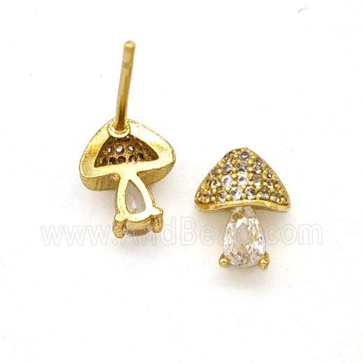 Copper Mushroom Stud Earrings Pave Zirconia Gold Plated