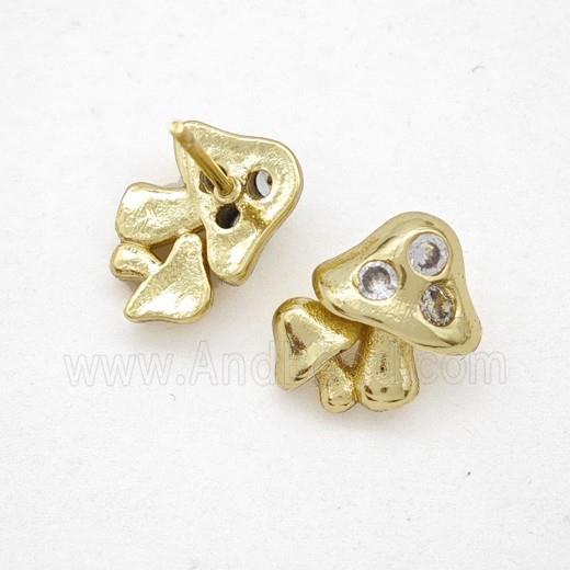Copper Mushroom Stud Earrings Pave Zirconia Gold Plated