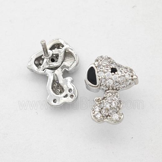 Copper Dog Stud Earrings Pave Zirconia Black Enamel Platinum Plated